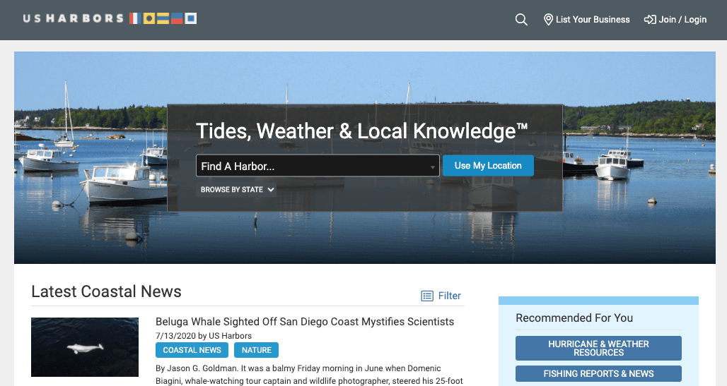 Screenshot of US Harbors Site showing a "find a harbor" search box