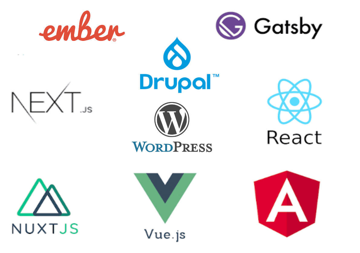 Open Source Technologies - Drupal, WordPress, GatsbyJS, NextJS, React, VueJS, NuxtJS, Angular, Ember