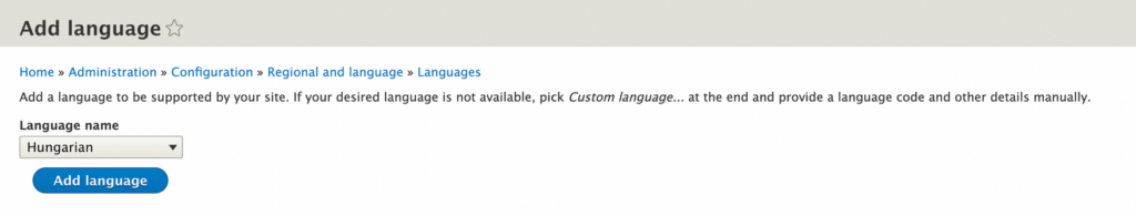 Screenshot of adding a language in the Drupal interface