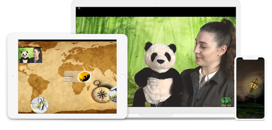 Selection of images from the Interactive Patient Experience Platform including a picture of a map and a panda puppet